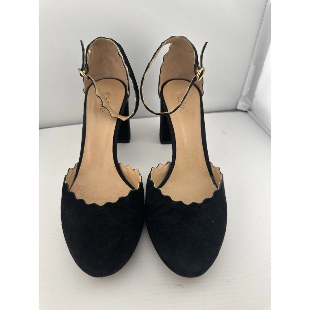 Chloe Black Suede Scalloped Ankle Strap Block Heels 35.5 Ballet Classic US 5.5‎